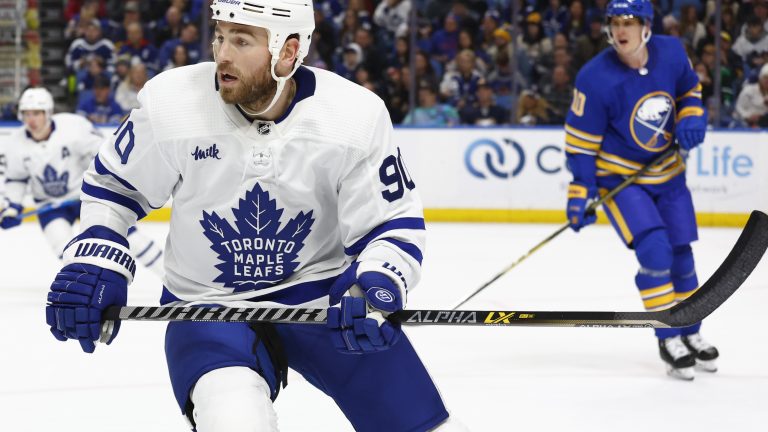 Toronto Maple Leafs centre Ryan O'Reilly (90) skates during the second period of the team's NHL hockey game against the Buffalo Sabres, Tuesday, Feb. 21, 2023, in Buffalo, N.Y. Acquired from the St. Louis Blues last week along with fellow veteran forward Noel Acciari, O'Reilly is a Stanley Cup champion and Conn Smythe Trophy winner with a blend of swagger, humour, confidence, post-season pedigree and drive. THE CANADIAN PRESS/AP-Jeffrey T. Barnes