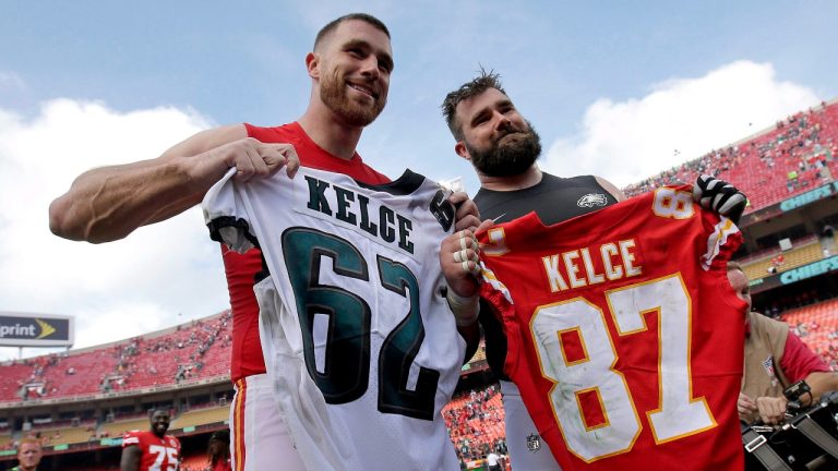 Kansas City Chiefs tight end Travis Kelce, left, and his brother Philadelphia Eagles centre Jason Kelce, right, seen her after a game in 2017. The brothers will face each other in the upcoming Super Bowl. (Charlie Riedel/AP) 