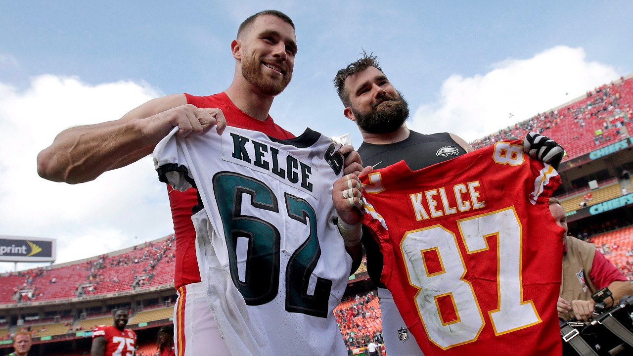 Jason Kelce wears a Flyers sweater under his practice jersey