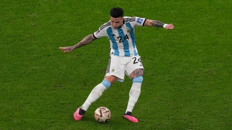 Argentina's Enzo Fernandez strikes the ball during the World Cup semifinal soccer match between Argentina and Croatia at the Lusail Stadium in Lusail, Qatar, Tuesday, Dec. 13, 2022. (Thanassis Stavrakis/AP Photo)