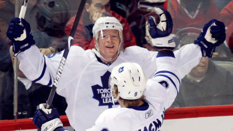 Toronto Maple Leafs' Jason Blake celebrates with Niklas Hagman, of Finland, after scoring the fourth goal against the Montreal Canadiens during third period NHL hockey action in Montreal Saturday, Feb. 7, 2009. Toronto won the game 5-2. (CP)