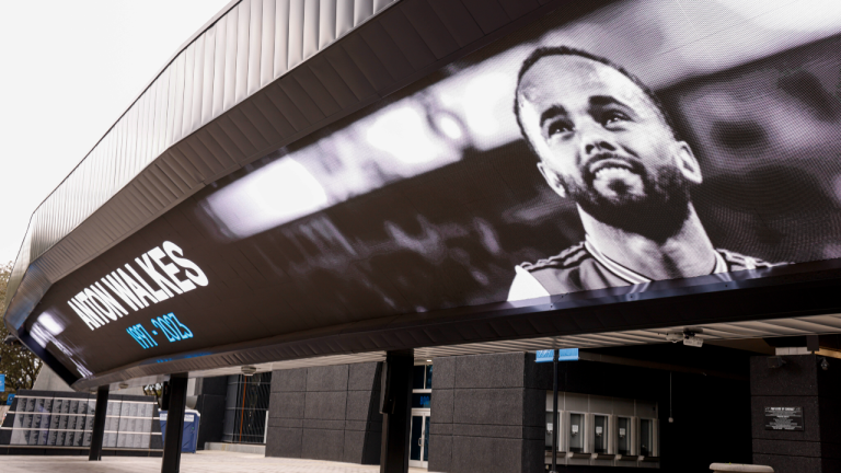 An image of Charlotte Football Club soccer player Anton Walkes is shown on Bank of America Stadium in Charlotte, N.C., Thursday, Jan. 19, 2023. Walkes died from injuries he sustained in a boat crash off the coast of Miami, authorities said Thursday. (AP)