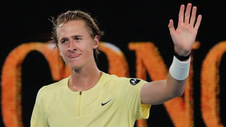 Sebastian Korda of the U.S. waves at the Australian Open tennis championship in Melbourne, Australia, Saturday, Jan. 21, 2023. (Aaron Favila/AP)