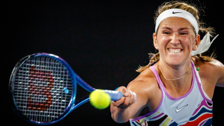 Belarusian Victoria Azarenka during a Women's Singles Quarterfinals game between her and American Jessica Pegula at the Australian Open tennis Grand Slam, Tuesday 24 January 2023 in Melbourne Park, Melbourne, Australia. BELGA PHOTO PATRICK HAMILTON