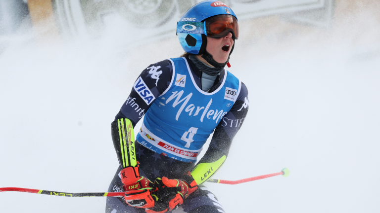 United States' Mikaela Shiffrin reacts after winning an alpine ski, women's World Cup giant slalom, in Kronplatz, Italy, Tuesday, Jan. 24, 2023. Shiffrin won a record 83rd World Cup race Tuesday. (AP)