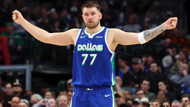 Dallas Mavericks guard Luka Doncic gestures on the court in the second half of an NBA basketball game against the Detroit Pistons, Monday, Jan. 30, 2023, in Dallas. (Richard W. Rodriguez/AP)