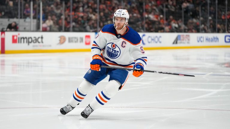 Edmonton Oilers' Connor McDavid skates during the second period of the team's NHL hockey game against the Anaheim Ducks on Wednesday, Jan. 11, 2023, in Anaheim, Calif. (Jae C. Hong/AP)