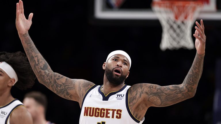 Denver Nuggets centre DeMarcus Cousins (4) reacts to being ejected from the game during the second half of an NBA basketball game against the Brooklyn Nets, Wednesday, Jan. 26, 2022, in New York. The Nuggets won 124-118. (Adam Hunger/AP)