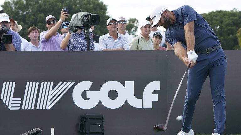 Dustin Johnson hits from the third tee during the second round of the LIV Golf Team Championship at Trump National Doral Golf Club, Saturday, Oct. 29, 2022, in Doral, Fla. (Lynne Sladky/AP)