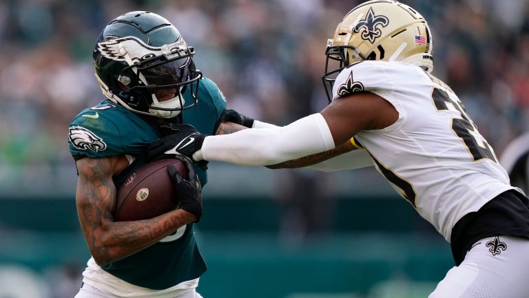 Philadelphia Eagles wide receiver DeVonta Smith carries the ball against New Orleans Saints defensive back C.J. Gardner Johnson on Sunday Jan. 1, 2023 at Lincoln Financial Field in Philadelphia, PA, USA. (AP Photo)