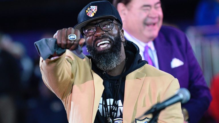 Former Baltimore Ravens safety Ed Reed displays his Pro Football Hall of Fame ring. (Nick Wass/AP)