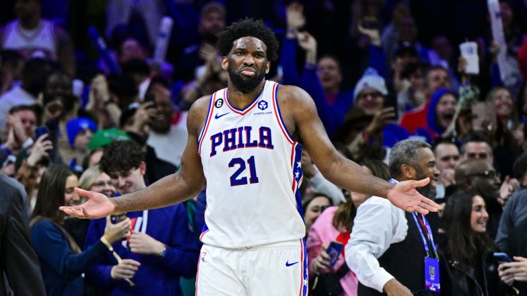 Philadelphia 76ers' Joel Embiid reacts after a play duining the second half of an NBA basketball game against the Denver Nuggets, Saturday, Jan. 28, 2023, in Philadelphia. (Derik Hamilton/AP)