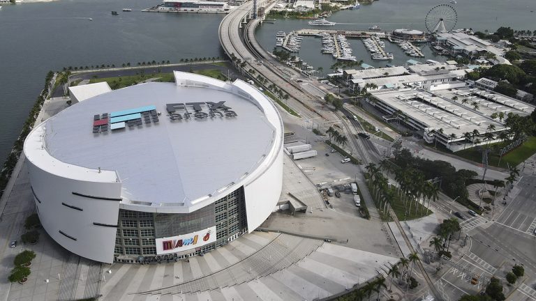 In this photo taken with a drone, the FTX logo is seen on the roof of the FTX Arena, where the Miami Heat NBA basketball team play, Wednesday, Dec. 7, 2022, in downtown Miami. (Rebecca Blackwell/AP)