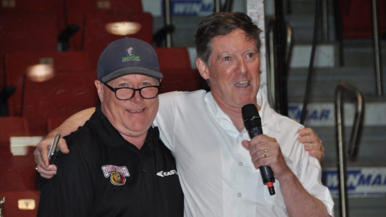 Fred Wallace, left, with Owen Sound's mayor, Ian Boddy. (Photo courtesy Owen Sound Attack)