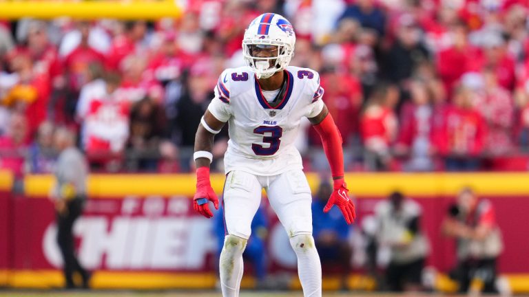 Damar Hamlin No. 3 of the Buffalo Bills gets set against the Kansas City Chiefs at GEHA Field at Arrowhead Stadium on October 16, 2022 in Kansas City, Missouri. (Photo by Cooper Neill/Getty Images)