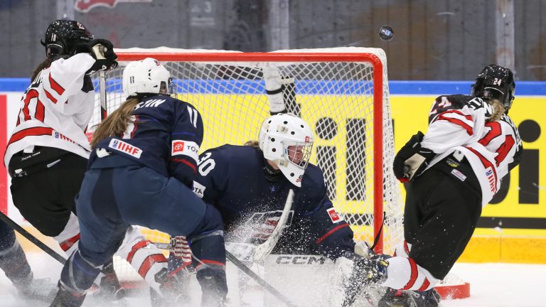 Canada's Abby Stonehouse attempts a shot against U.S. goalie Annelies Bergmann during the 2023 IIHF U18 Women's World Championship in Östersund, SWE. 
(Photo credit: @HockeyCanada on Twitter)