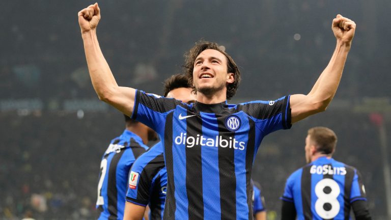 Inter Milan's Matteo Darmian celebrates after scoring the opening goal during the Italian Cup quarterfinal soccer match between Inter Milan and Atalanta at the San Siro stadium, in Milan, Italy, Tuesday, Jan. 31, 2023. (Antonio Calanni/AP)