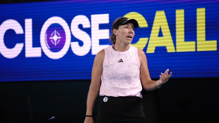 Jessica Pegula of the U.S. reacts during her second round match against Aliaksandra Sasnovich of Belarus at the Australian Open tennis championship in Melbourne, Australia, Wednesday, Jan. 18, 2023. (Dita Alangkara/AP)