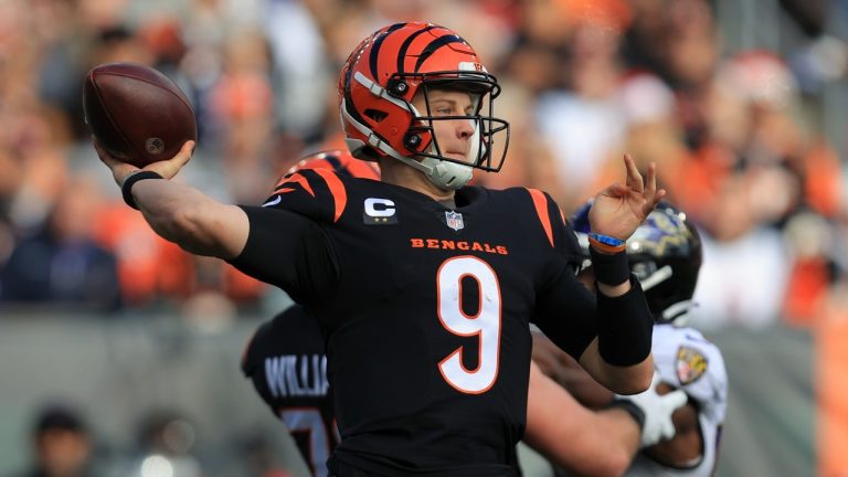 Cincinnati Bengals quarterback Joe Burrow (9) throws during the first half of an NFL football game against the Baltimore Ravens, Sunday, Dec. 26, 2021, in Cincinnati. (Aaron Doster/AP)