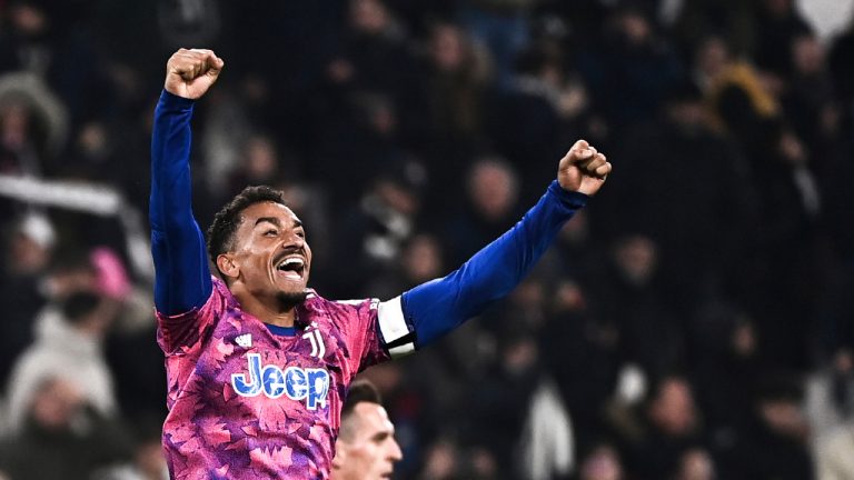 Juventus' Danilo celebrates scoring during the Italian Serie A soccer match between Juventus and Udinese, at the Juventus stadium in Turin, Italy, Saturday Jan. 7, 2023 (Marco Alpozzi/LaPresse via AP)