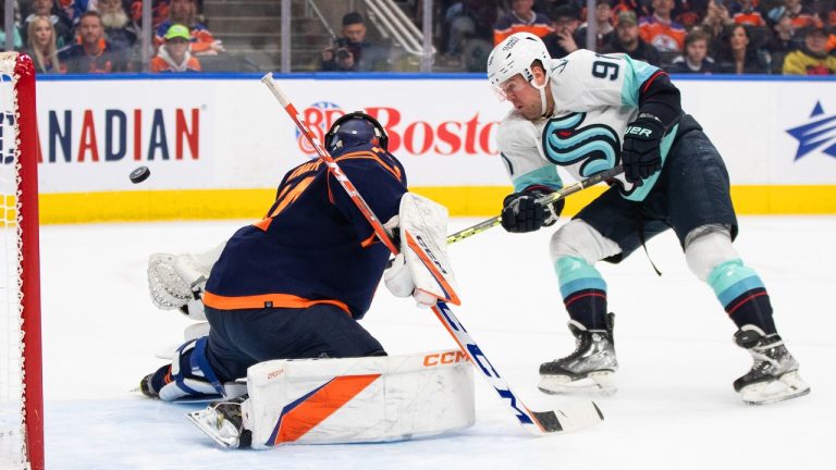 Seattle Kraken' Daniel Sprong is stopped by Edmonton Oilers goalie Stuart Skinner during first period NHL action in Edmonton on Tuesday, January 3, 2023. (Jason Franson/The Canadian Press)