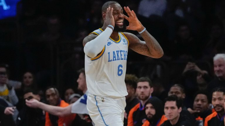 Los Angeles Lakers' LeBron James (6) reacts to a call during the second half of an NBA basketball game against the New York Knicks Tuesday, Jan. 31, 2023, in New York. (Frank Franklin II/AP)