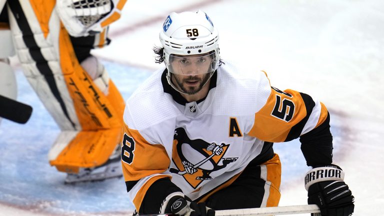 Pittsburgh Penguins' Kris Letang skates during the third period of an NHL hockey game against the Buffalo Sabres in Pittsburgh, Saturday, Dec. 10, 2022. (Gene J. Puskar/AP)