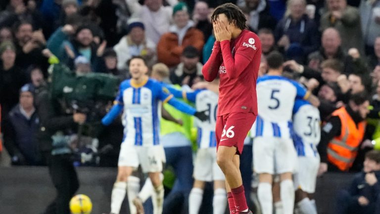 Liverpool's Trent Alexander-Arnold reacts after Brighton's Solly March scored his side's second goal during the English Premier League soccer match between Brighton and Liverpool at the Falmer Stadium in Brighton, England, Saturday, Jan. 14, 2023. (Frank Augstein/AP Photo)