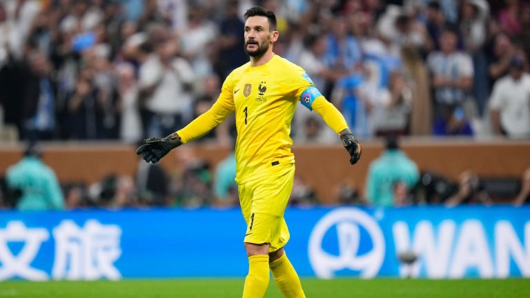 France's goalkeeper Hugo Lloris reacts during the World Cup final soccer match between Argentina and France at the Lusail Stadium in Lusail, Qatar, Sunday, Dec.18, 2022. (Manu Fernandez/AP Photo)