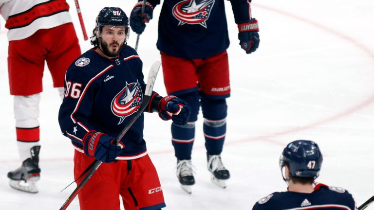 Columbus Blue Jackets forward Kirill Marchenko, left, celebrates after his goal against the Carolina Hurricanes with defenseman Marcus Bjork, right, during the third period of an NHL hockey game in Columbus, Ohio, Saturday, Jan. 7, 2023. (Paul Vernon/AP)