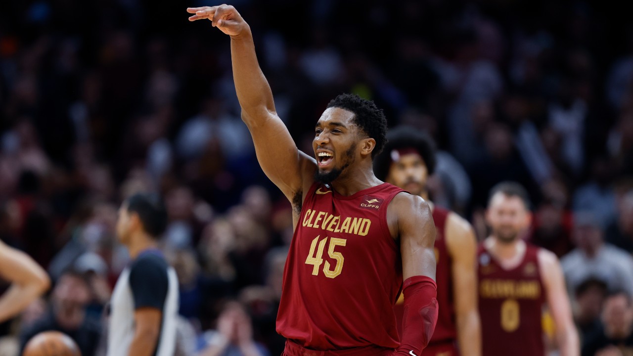 Cleveland Cavaliers guard Donovan Mitchell celebrates after making a basket during the overtime of an NBA basketball game against the Chicago Bulls, Monday, Jan. 2, 2023, in Cleveland. (Ron Schwane/AP Photo)