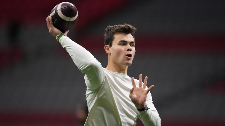 B.C. Lions quarterback Nathan Rourke throws the football before the CFL western semi-final football game against the Calgary Stampeders in Vancouve on Sunday, November 6, 2022. (Darryl Dyck/CP)