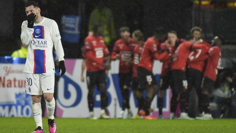 PSG's Lionel Messi reacts after Rennes' Hamari Traore scored his side's opening goal during the League One soccer match Rennes against Paris Saint-Germain at the Roazhon Park stadium Sunday, Jan. 15, 2023 in Rennes, western France. (Mathieu Pattier/AP)