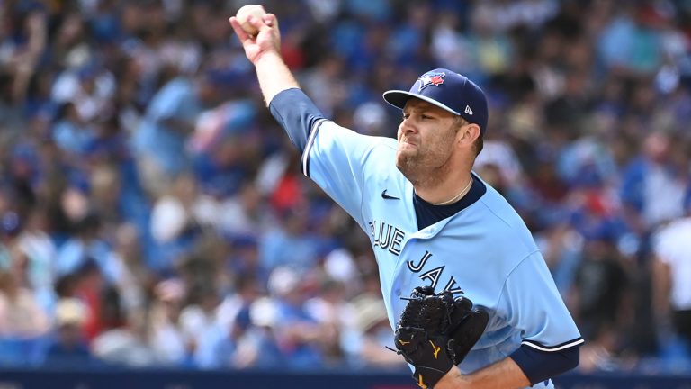 Toronto Blue Jays relief pitcher David Phelps throws to a Cleveland Guardians batter in fifth inning American League baseball action in Toronto on Sunday, August 14, 2022. (Jon Blacker/CP)