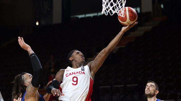 Canada's RJ Barrett goes in for the layup against the Czech Republic during overtime of FIBA Men's Olympic Qualifying semifinal basketball action at Memorial Arena in Victoria, B.C., on Saturday, July 3, 2021. (Chad Hipolito/CP)