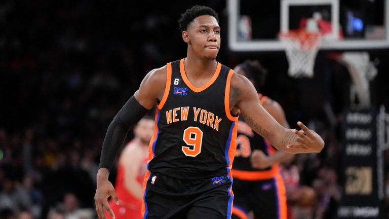 New York Knicks' RJ Barrett reacts after hitting a 3-point basket during the second half of an NBA basketball game against the Chicago Bulls. (Seth Wenig/AP)