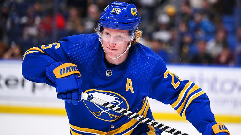 Rasmus Dahlin is on pace to set a new single-season record for points by a Buffalo Sabres defenceman. (Joe Hrycych/Getty)