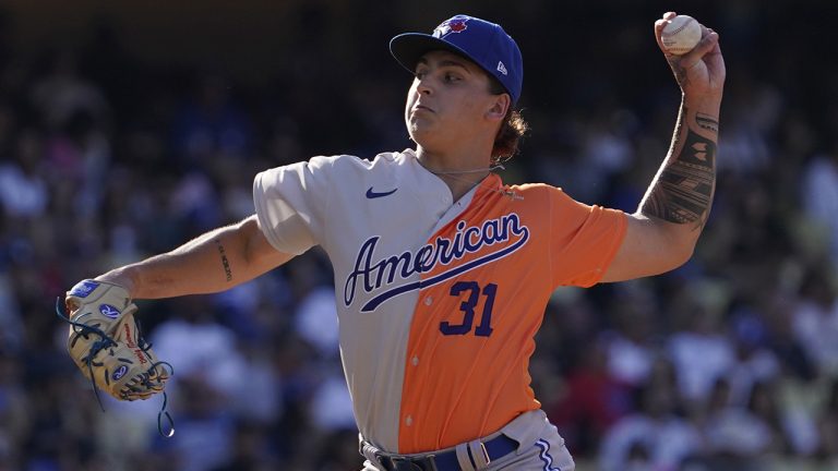 American League relief pitcher Ricky Tiedemann throws to a National League batter during the MLB All-Star Futures baseball game, Saturday, July 16, 2022, in Los Angeles. (Mark J. Terrill/AP)