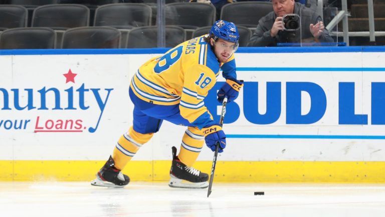 St. Louis Blues center Robert Thomas (18) advances the puck against the Washington Capitals during the second period of an NHL hockey game Thursday, Nov. 17, 2022, in St. Louis. (Michael Thomas/AP)