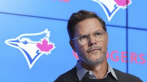 Ross Atkins, Toronto Blue Jays general manager, speaks to the media at the year end press conference, after being swept by the Seattle Mariners in the American League wild card playoff series, in Toronto on Tuesday, October 11, 2022. (Nathan Denette/CP)