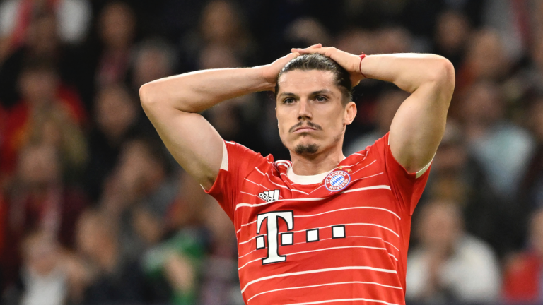 Marcel Sabitzer reacts after missing a chance during the Champions League Group C soccer match between Bayern Munich and Inter Milan at Allianz Arena stadium in Munich, Germany, Tuesday, Nov. 1, 2022. (Sven Hoppe/AP)