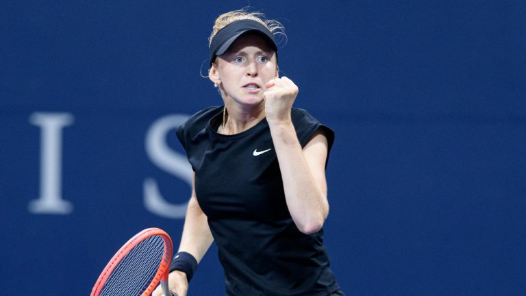 TORONTO, ON - AUGUST 08: Katherine Sebov celebrates a point during her National Bank Open tennis tournament first round match on August 8, 2022, at Sobeys Stadium in Toronto, ON, Canada. (Julian Avram/Icon Sportswire via Getty Images via Getty Images)
