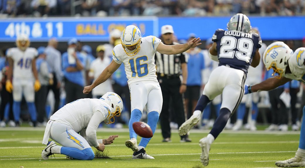 Quarterback (4) Dak Prescott of the Dallas Cowboys calls a play against the  Los Angeles Chargers in an NFL football game, Sunday, Sept. 19, 2021, in  Inglewood, Calif. The Cowboys defeated the