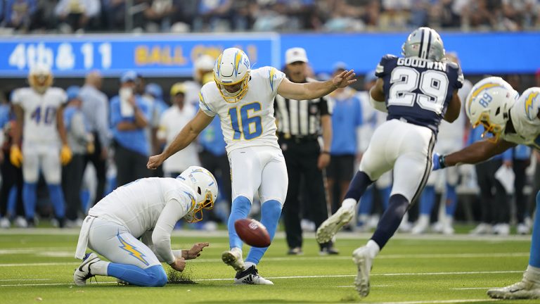 Los Angeles Chargers kicker Tristan Vizcaino hits a field goal during the second half of an NFL football game Sunday, Sept. 19, 2021, in Inglewood, Calif. (Ashley Landis/AP)