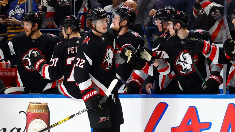 Buffalo Sabres centre Tage Thompson is congratulated for his goal against the Minnesota Wild during the second period of an NHL hockey game Saturday, Jan. 7, 2023, in Buffalo, N.Y. (Jeffrey T. Barnes/AP)