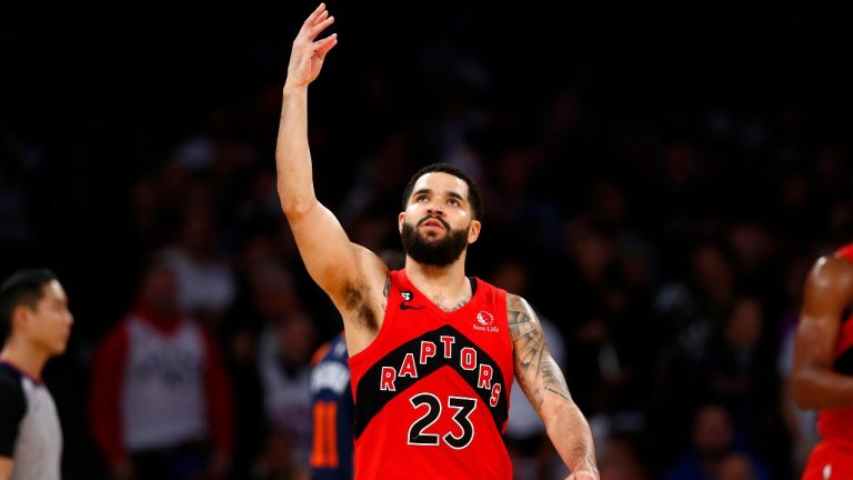 Toronto Raptors guard Fred VanVleet reacts after hitting a three-point basket during the second half of an NBA basketball game New York Knicks, Wednesday, Dec. 21, 2022, in New York. The Raptors won 113-106. (John Munson/AP Photo)