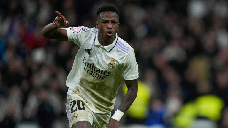 Real Madrid's Vinicius Junior celebrates after scoring his side's third goal during the Spanish Copa del Rey quarter final soccer match between Real Madrid and Atletico Madrid. (Bernat Armangue/AP)