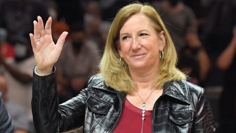 WNBA commissioner Cathy Engelbert waves to the crowd before Game 2 in the semifinals of the WNBA playoffs between the Las Vegas Aces and the Phoenix Mercury Thursday, Sept. 30, 2021, in Las Vegas. (David Becker/AP)