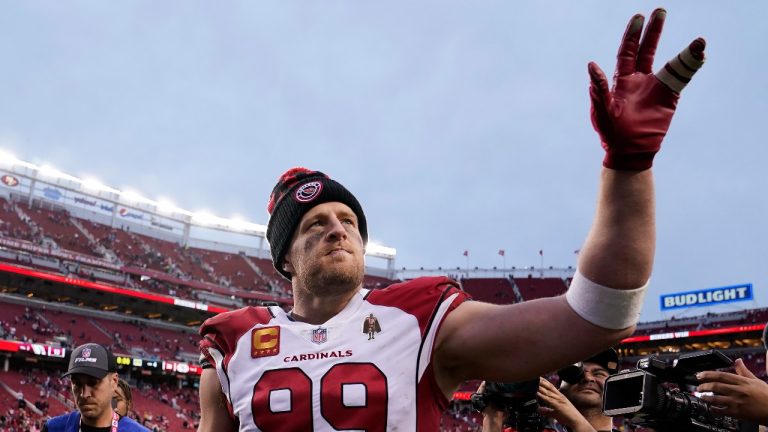 Arizona Cardinals defensive end J.J. Watt waves after an NFL football game against the San Francisco 49ers in Santa Clara, Calif., Sunday, Jan. 8, 2023. (Godofredo A. Vásquez/AP Photo)