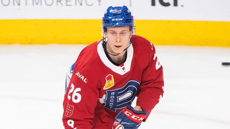 Laval Rocket's Jesse Ylonen skates prior to an AHL hockey game against the Manitoba Moose in Montreal, Saturday, February 27, 2021. (Graham Hughes/THE CANADIAN PRESS)